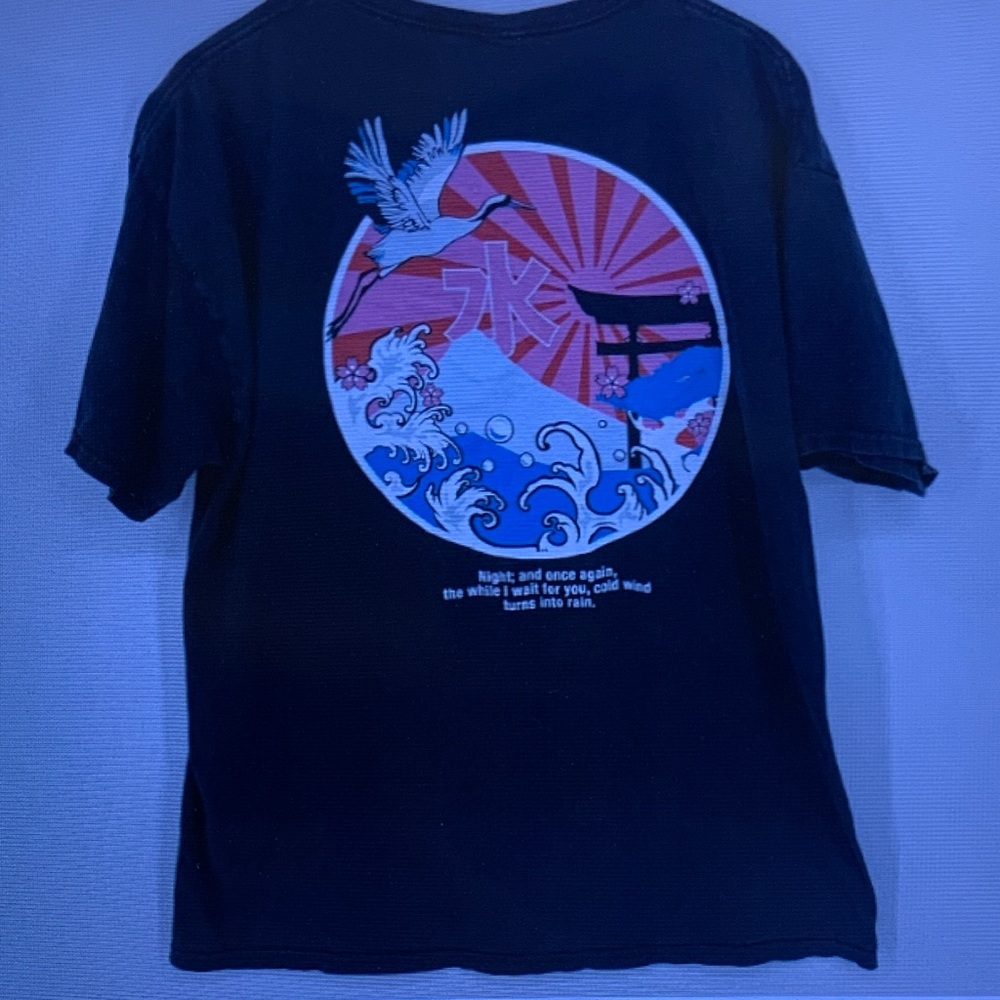 Black Graphic Tee with Japanese Wave & Crane Print